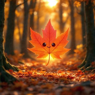 The primary subject of the image is a smiling yellow leaf, which appears to be a digital art or illustration. The leaf is situated in a forest setting, surrounded by trees and leaves. The visual style of the image is a combination of photo and digital art, creating a unique and creative representation of the yellow leaf. The colors and mood of the image are warm and inviting, with the yellow leaf being the central focus and the forest providing a natural and serene backdrop.